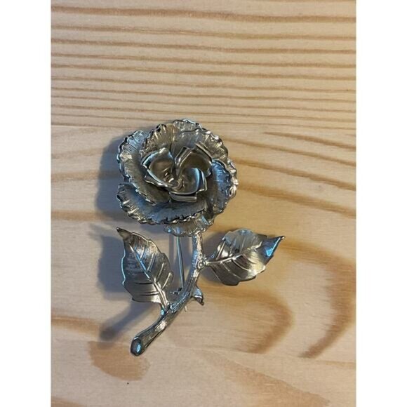 Silver Tone Rose Flower Brooch Pin - Picture 1 of 5